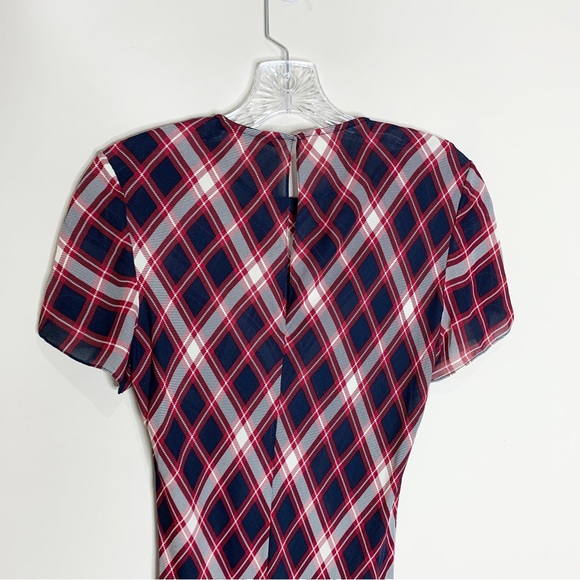 Jenni Kayne 100% Silk Short Sleeve Midi Sheath Dress (Sz S) Red Navy Blue Plaid - Picture 10 of 16